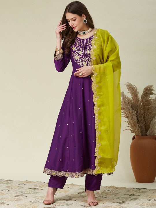 Purple Embroidered Kurta Set with Contrast Yellow Dupatta for Women