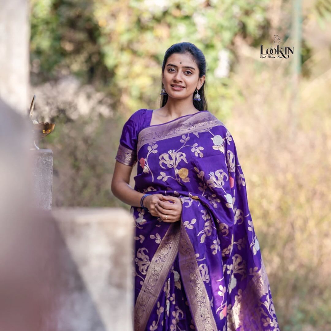 Purple Floral Woven Silk Saree with Zari Border