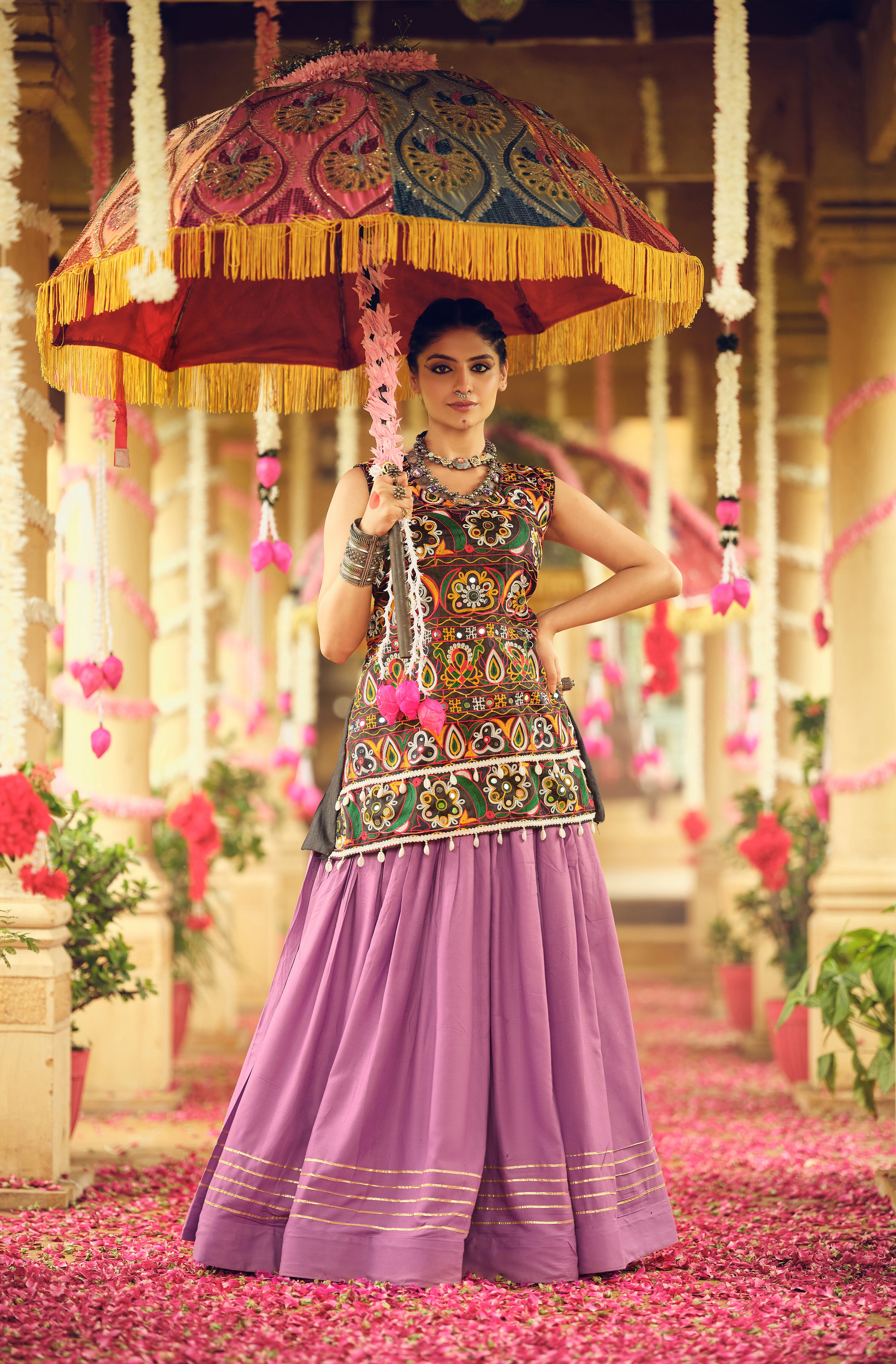 Purple Lehenga Set with Multicolor Embroidered Top