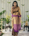Purple Silk Saree with Gold & Brown Border