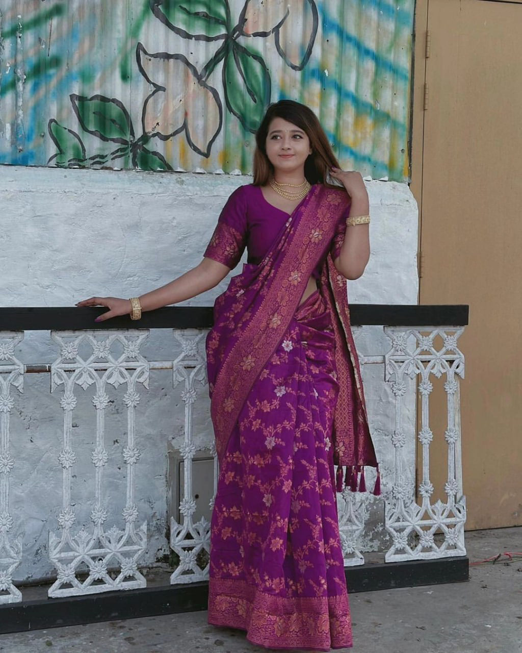 Purple Silk Saree with Gold Floral Motifs