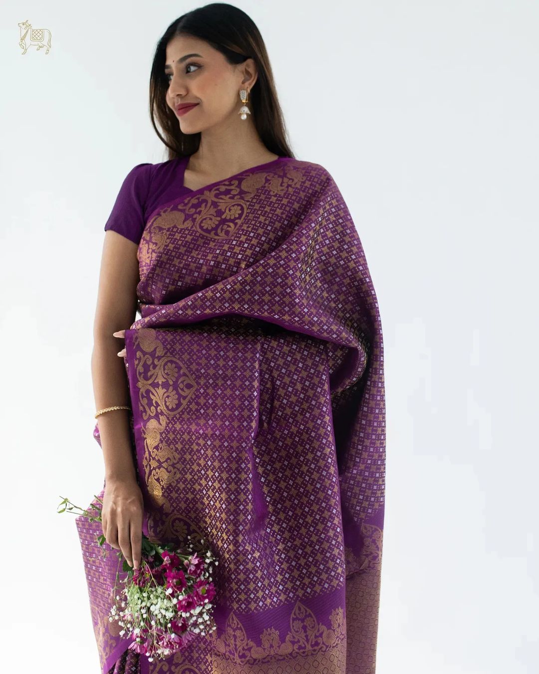 Purple Silk Saree with Gold Zari Weaving & Rich Border