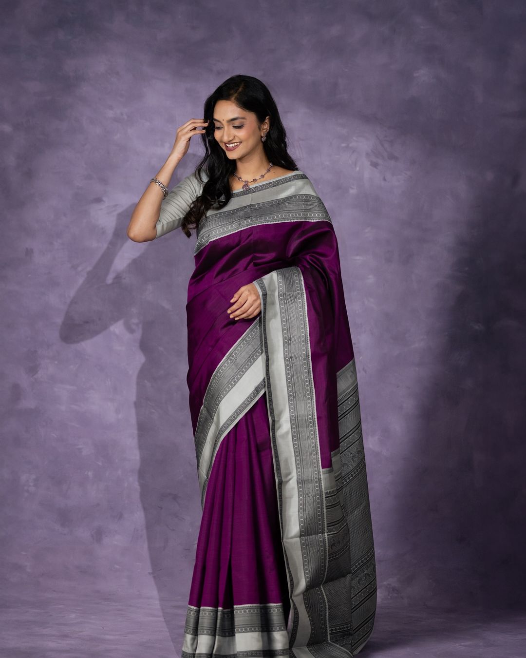 Purple Silk Saree with Silver Border