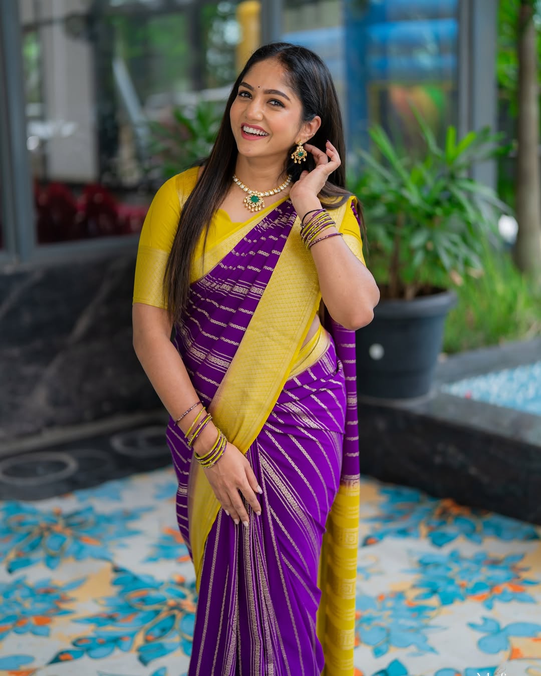 Purple Silk Saree with Yellow Contrast & Zari Stripes
