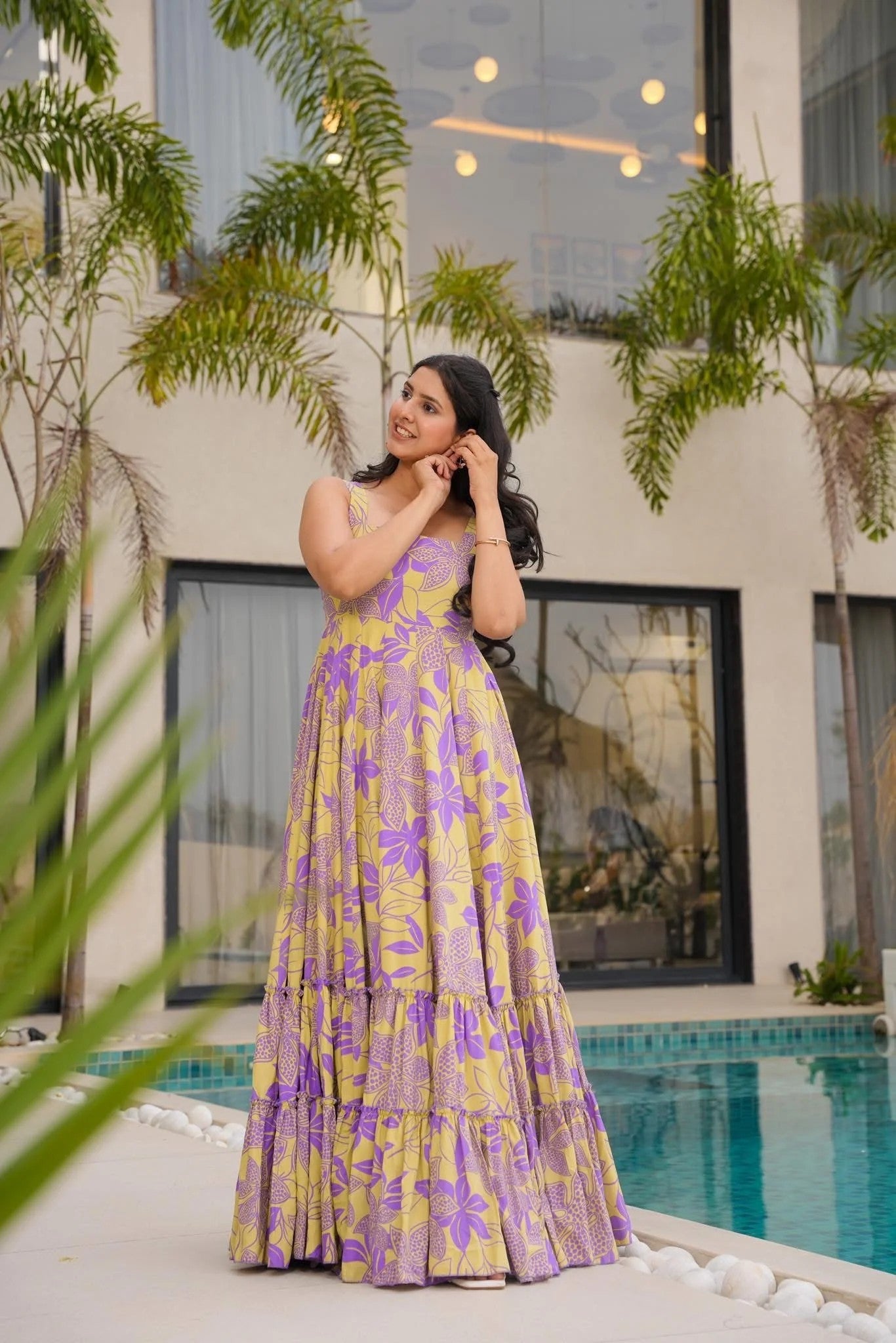 Purple & Yellow Floral Tiered Maxi Dress for Women