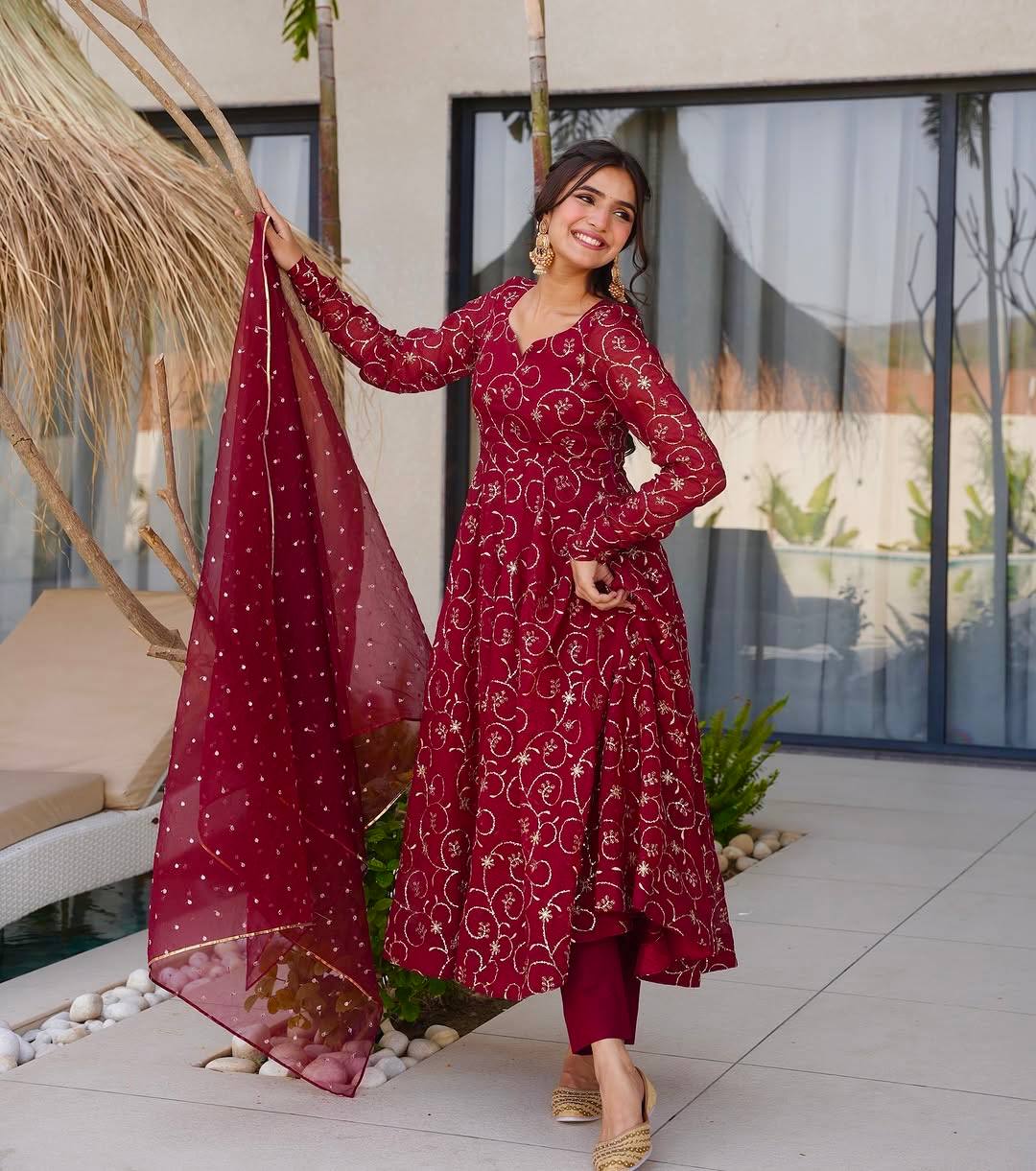 Red Embroidered Anarkali Set with Dupatta for Women