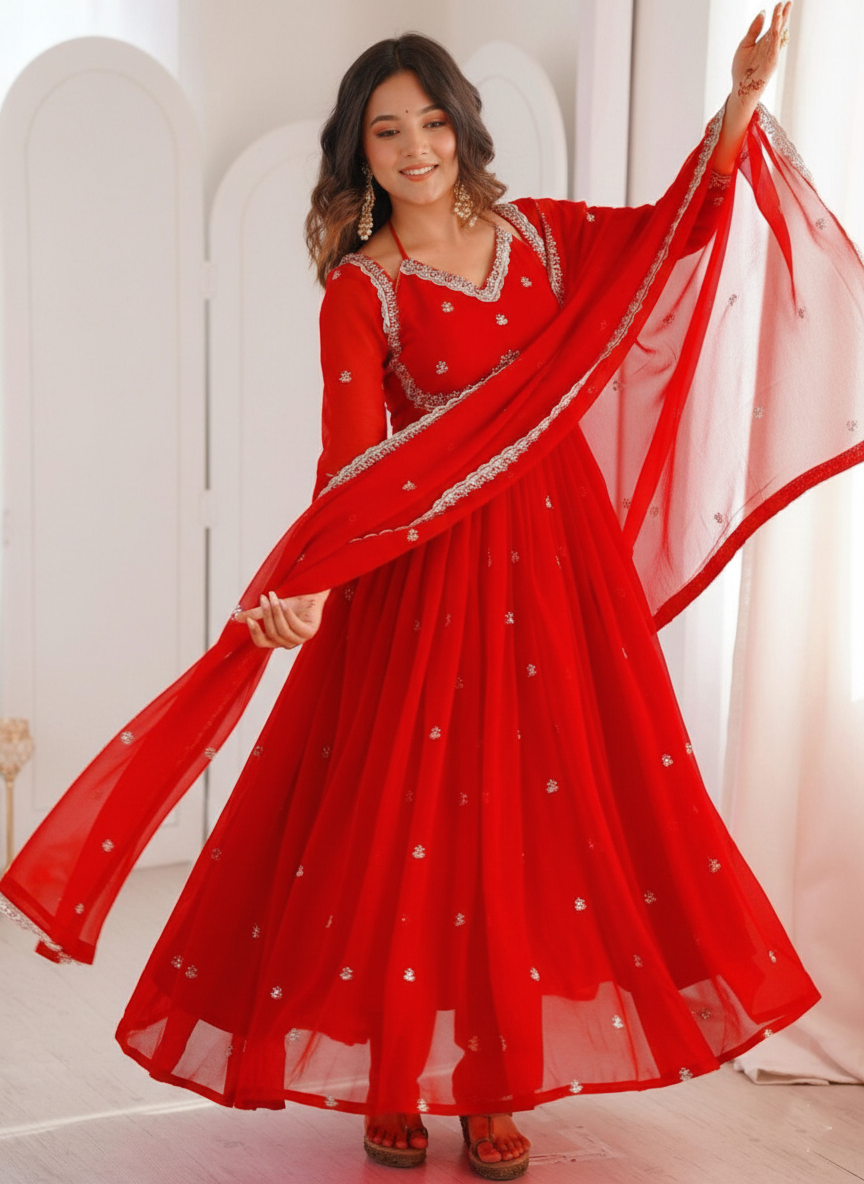 Scarlet Red Anarkali Gown with Dupatta for Women