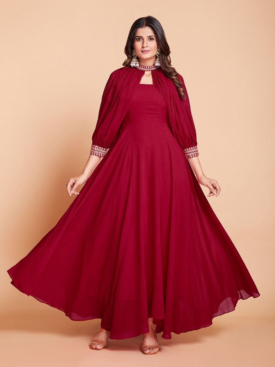 Red Flared Anarkali Dress for Women