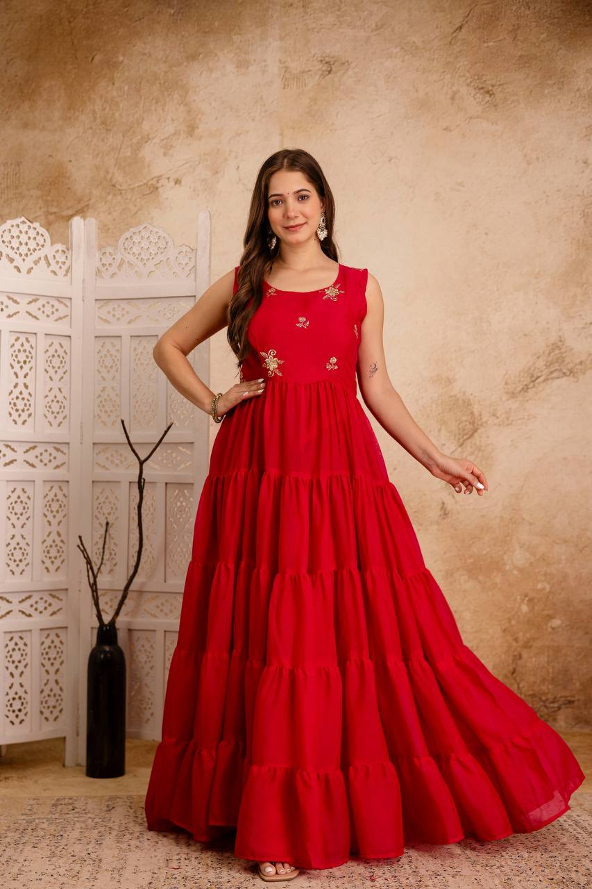 Red Anarkali Kurta Set for Women | Sleeveless Flared Kurta with Dupatta