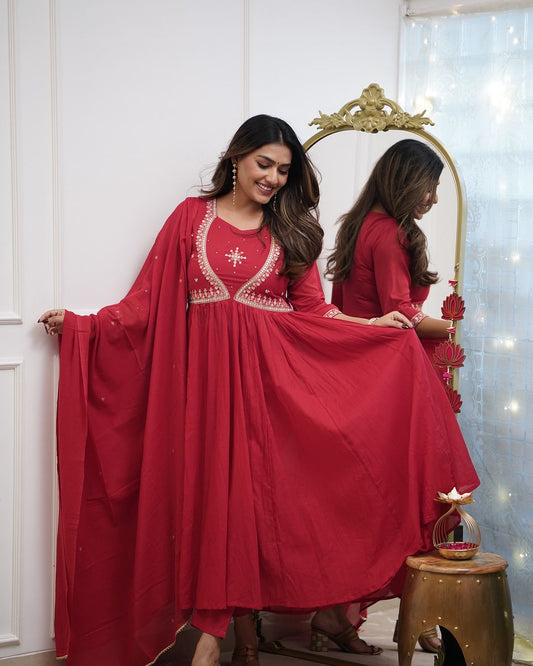 Women's Red Embroidered Kurta Set with Dupatta – Festive Wear
