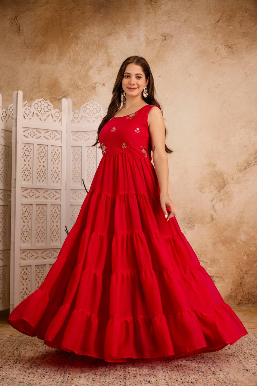 Red Anarkali Kurta Set for Women | Sleeveless Flared Kurta with Dupatta