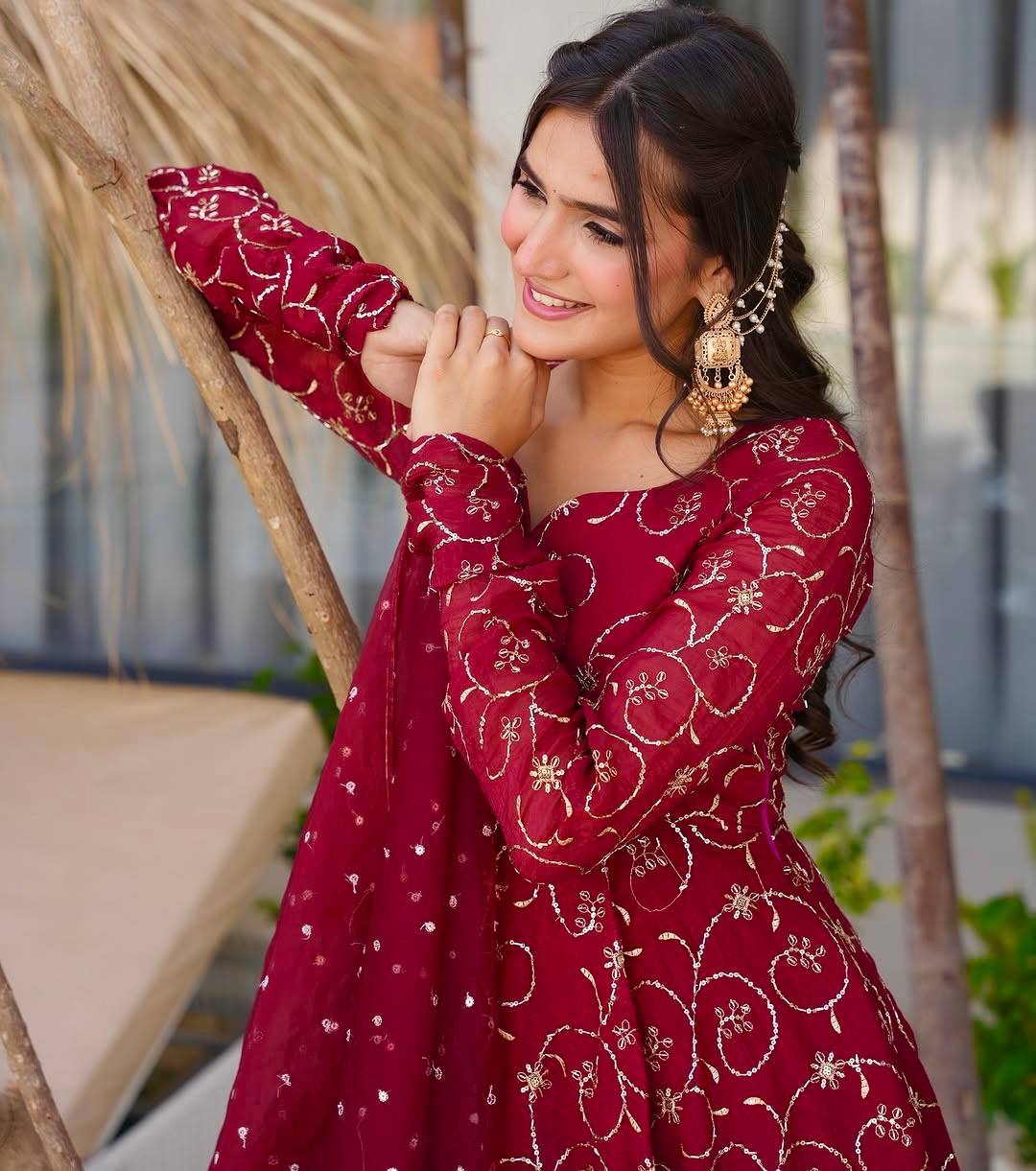 Red Embroidered Anarkali Set with Dupatta for Women