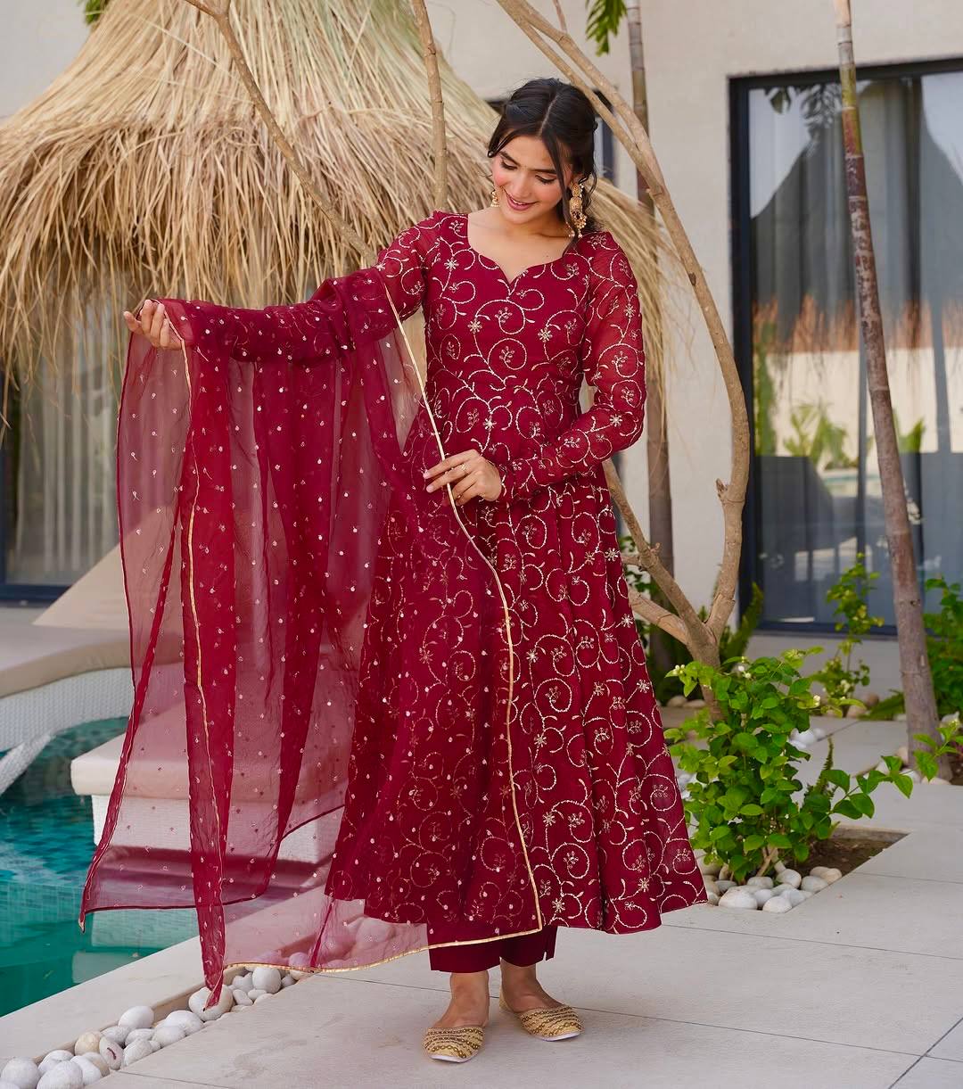 Red Embroidered Anarkali Set with Dupatta for Women