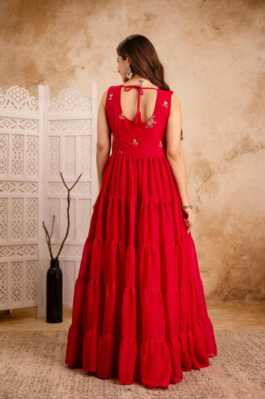 Red Anarkali Kurta Set for Women | Sleeveless Flared Kurta with Dupatta