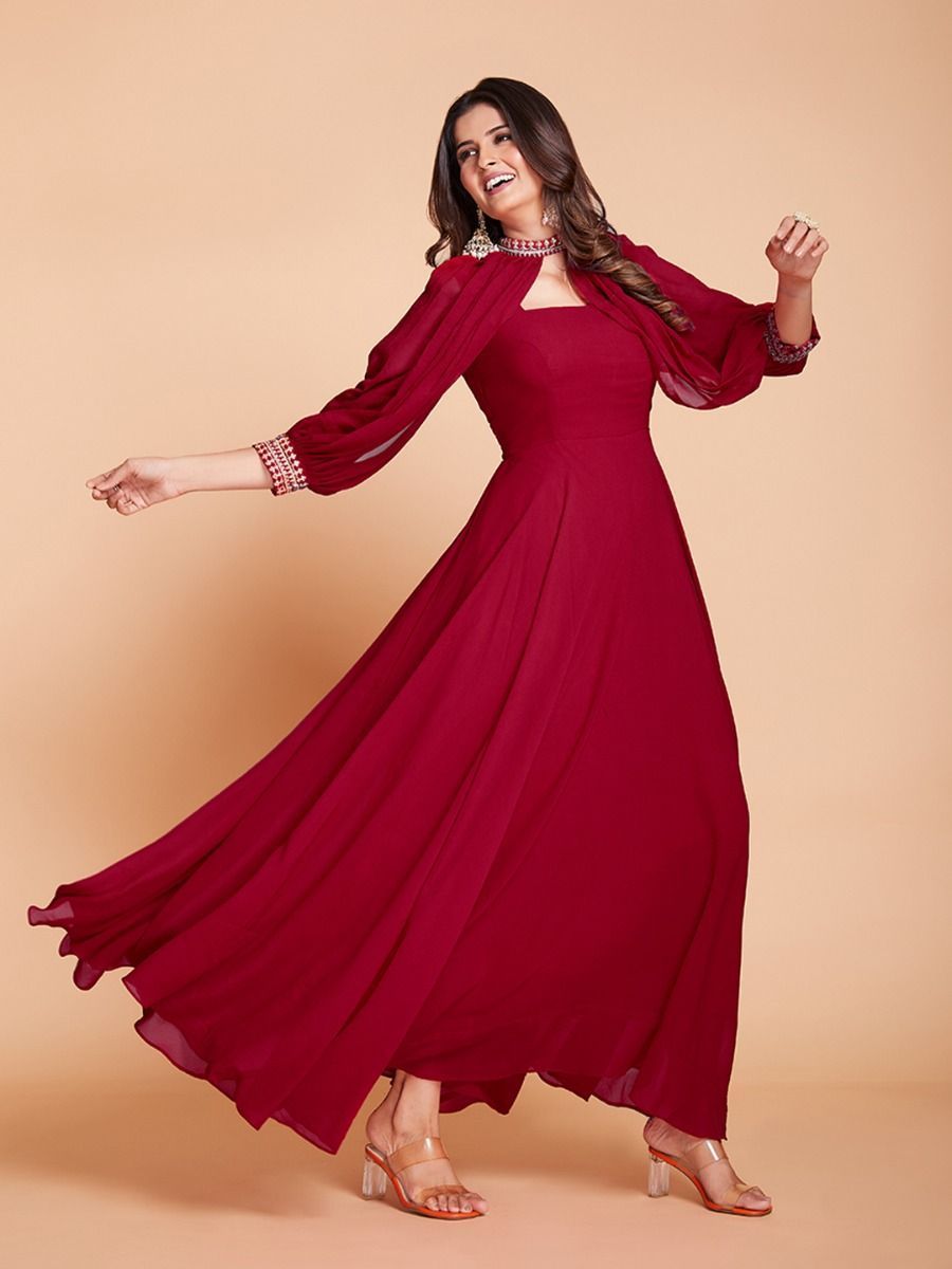 Red Flared Anarkali Dress for Women