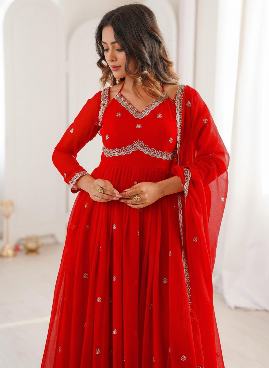 Scarlet Red Anarkali Gown with Dupatta for Women