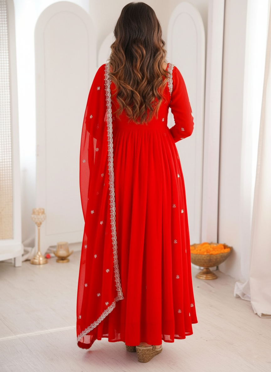 Scarlet Red Anarkali Gown with Dupatta for Women