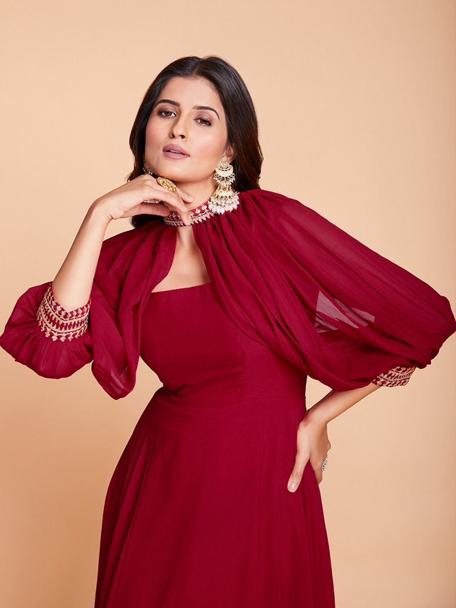 Red Flared Anarkali Dress for Women