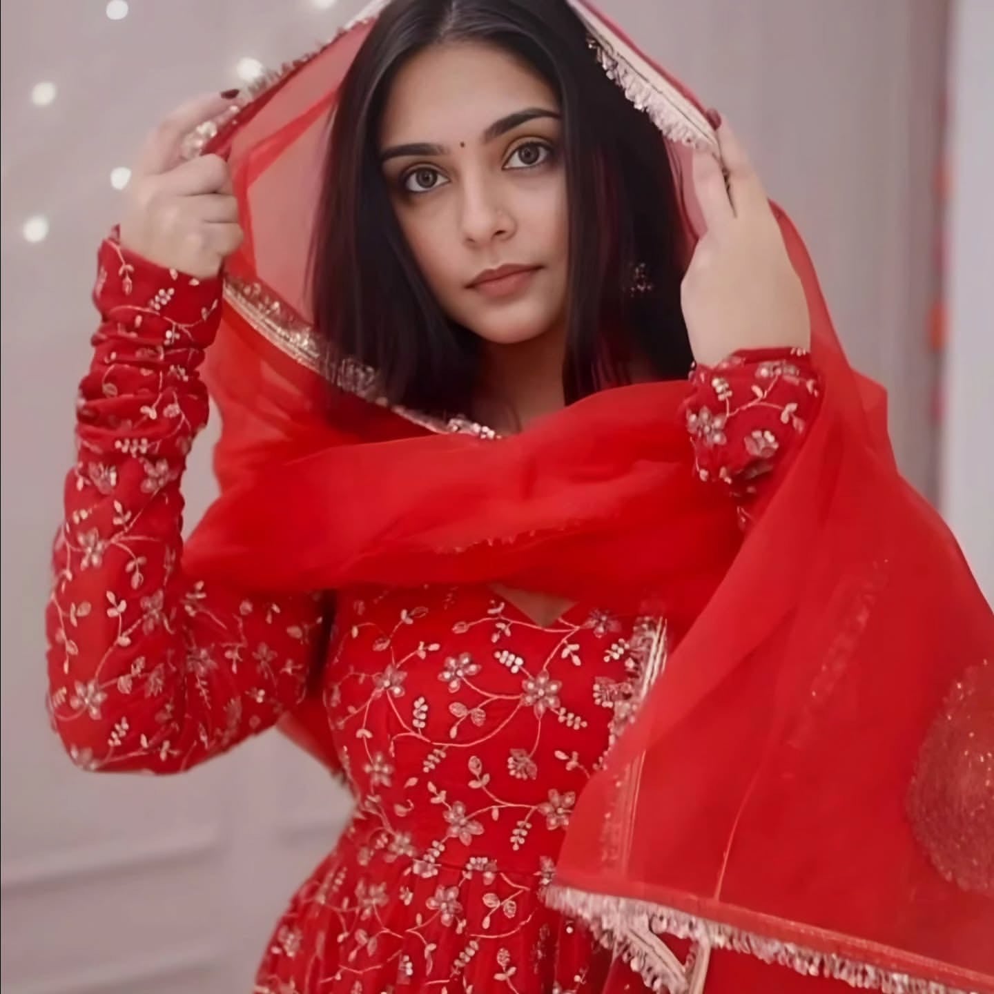 Floral Red Anarkali Kurti with Dupatta for Women