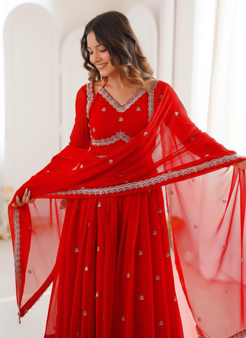 Scarlet Red Anarkali Gown with Dupatta for Women