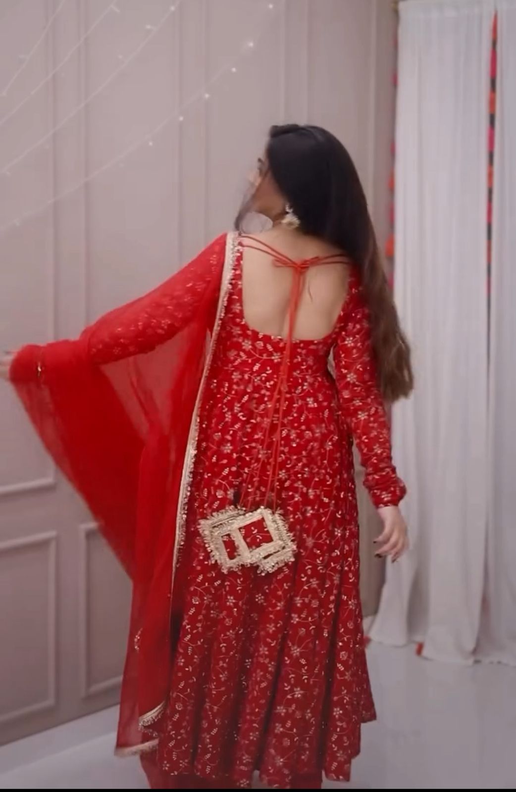Floral Red Anarkali Kurti with Dupatta for Women