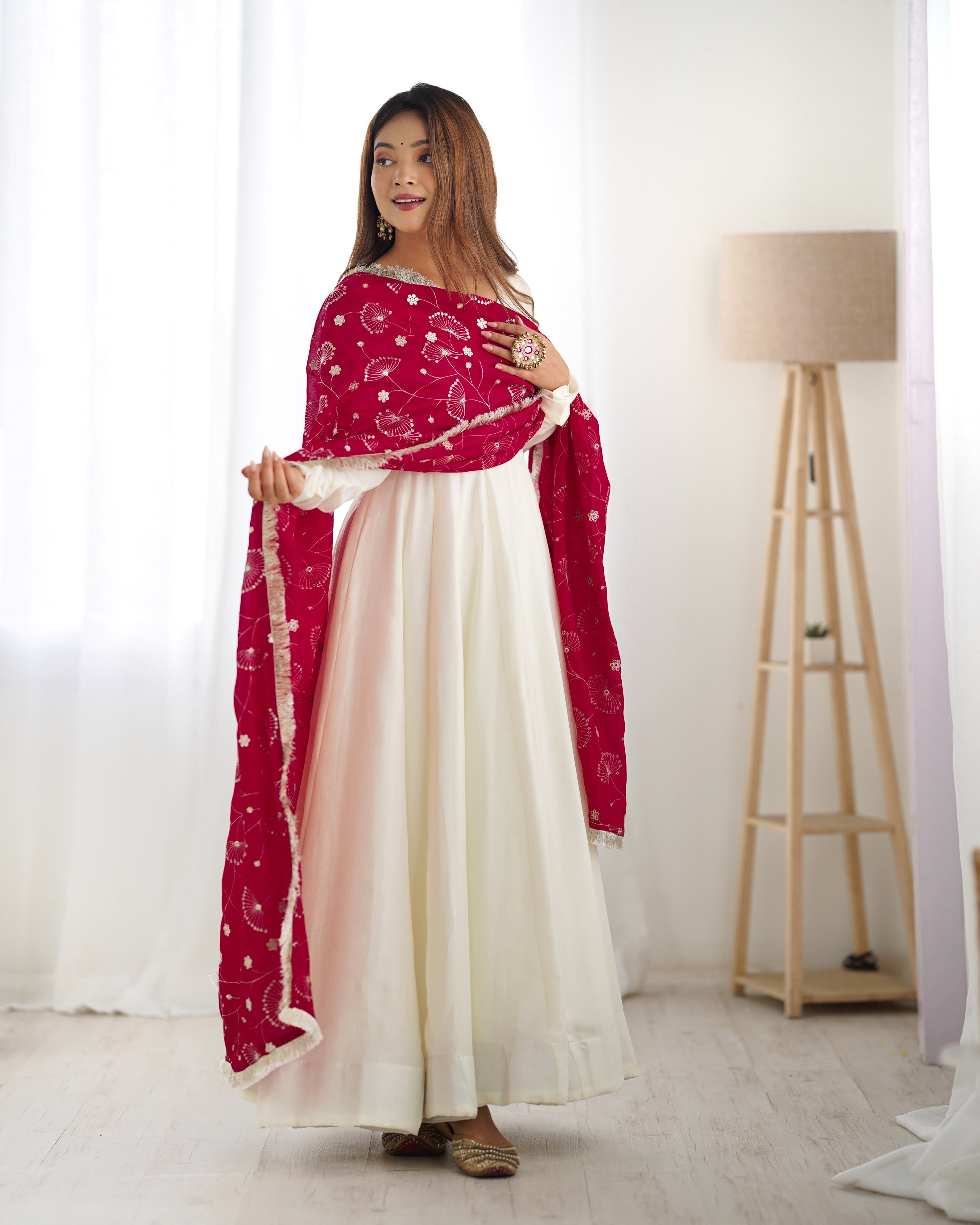 Elegant Off-White Silk Anarkali with Heavy Contrast Floral Embroidered Dupatta