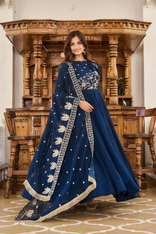 An Elegant Sapphire Anarkali Gown with a Detailed Dupatta and Timeless Charm