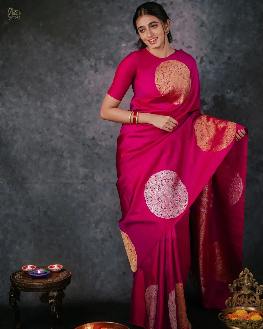 Rani Pink Banarasi Silk Saree with Gold Circular Motifs