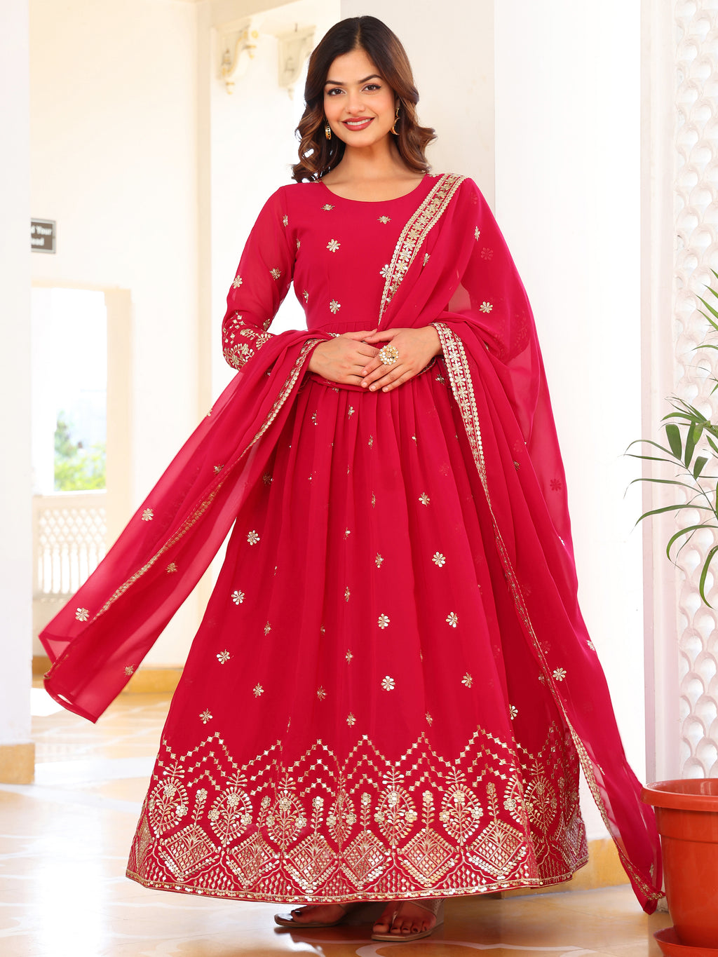 Rani Pink Embroidered Anarkali Kurti with Dupatta for Women