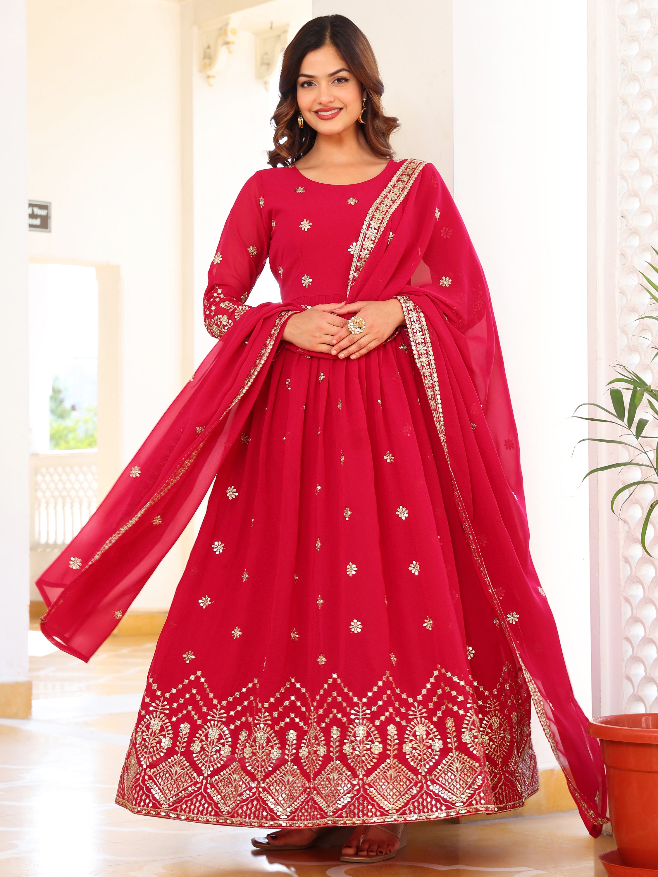 Rani Pink Embroidered Anarkali Kurti with Dupatta for Women