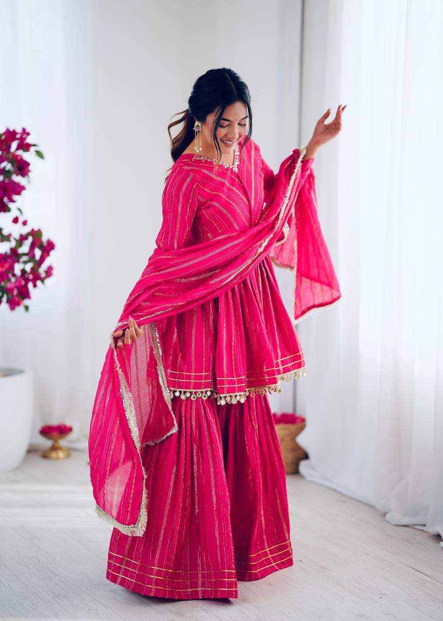 Metallic Stripe Sharara Suit Set with Dupatta