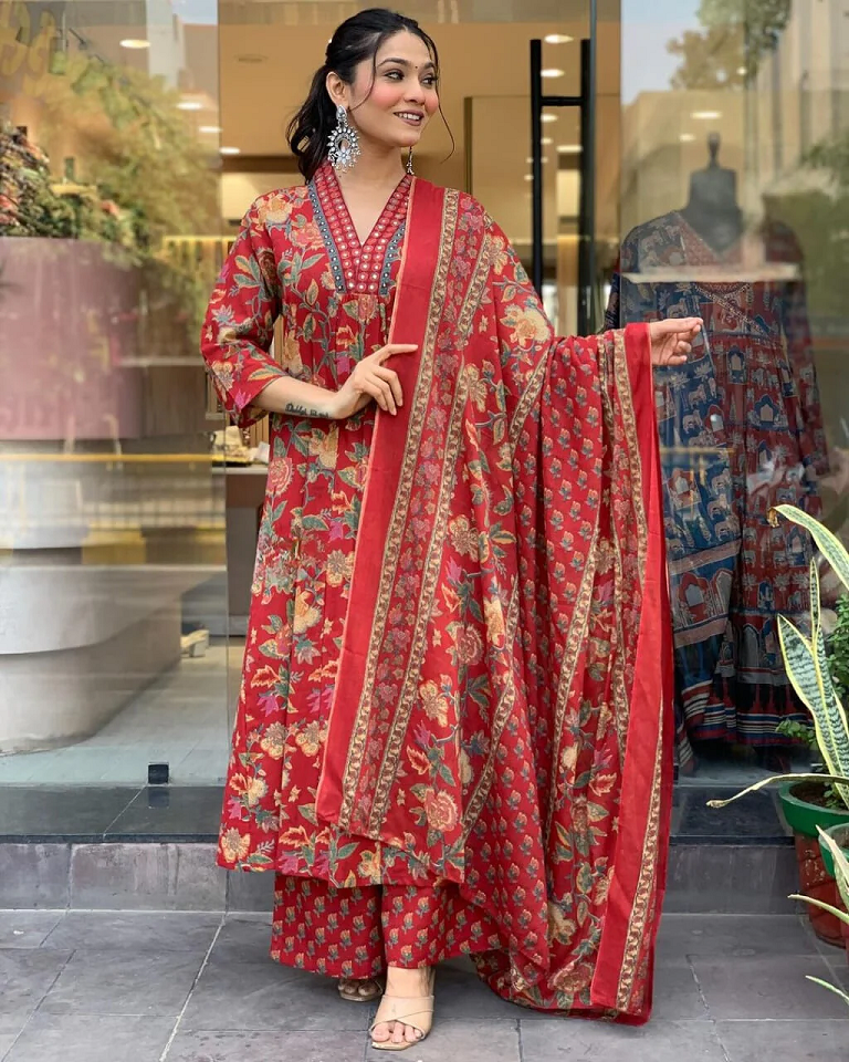 Elegant Red Floral Printed Kurti with Palazzo and Dupatta