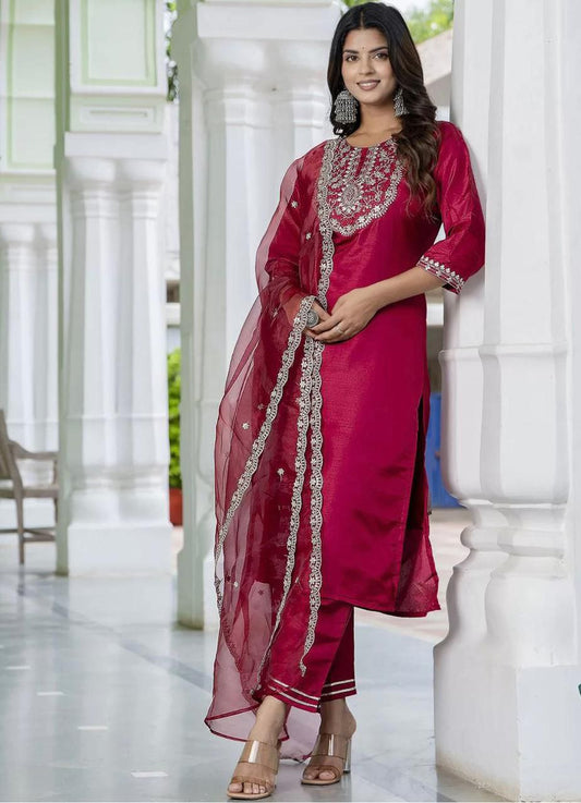 Vibrant Red Embroidered Kurta Set with Sheer Dupatta