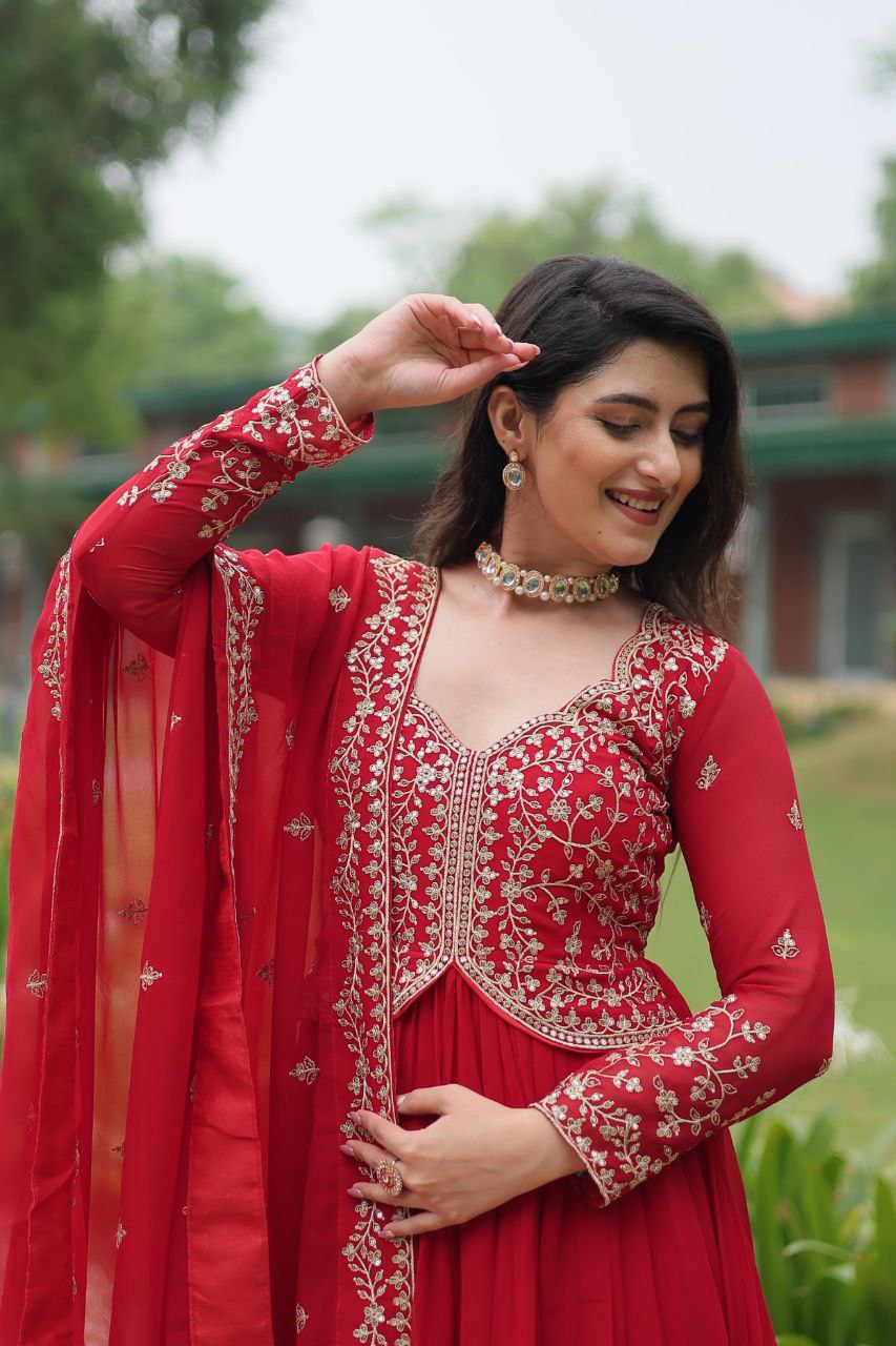 Red Embroidered Anarkali Kurta Set with Dupatta