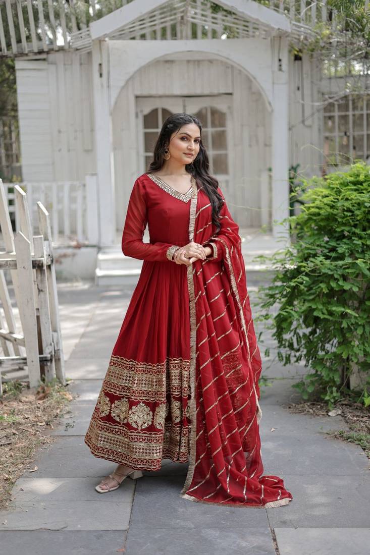 Embroidered Anarkali Gown with Dupatta for Women