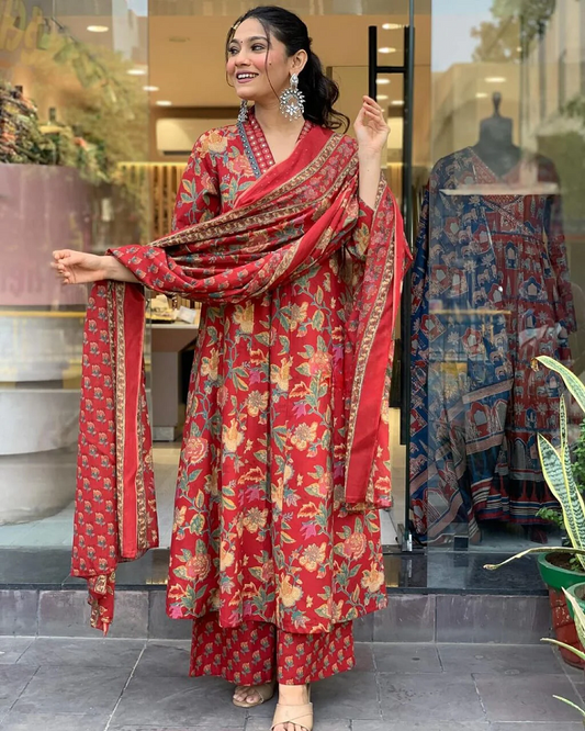 Elegant Red Floral Printed Kurti with Palazzo and Dupatta