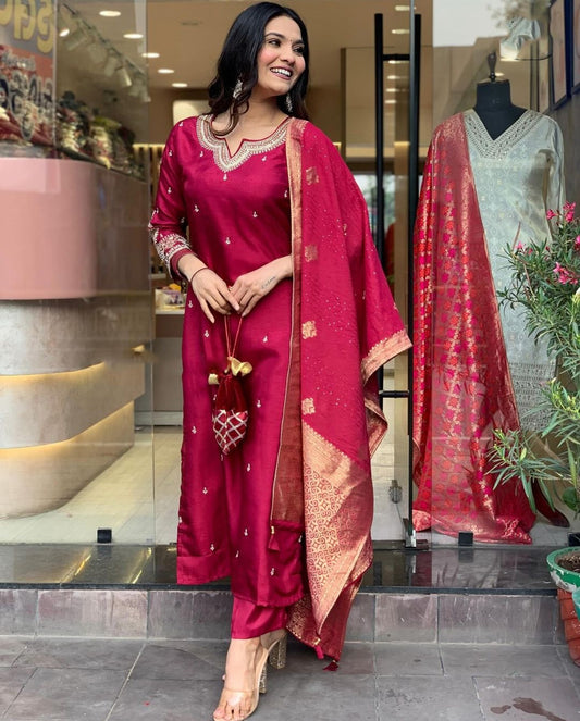 Elegant Royal Red Silk Suit with Banarasi Dupatta