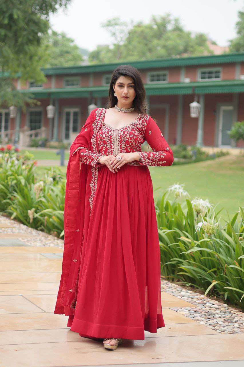Red Embroidered Anarkali Kurta Set with Dupatta