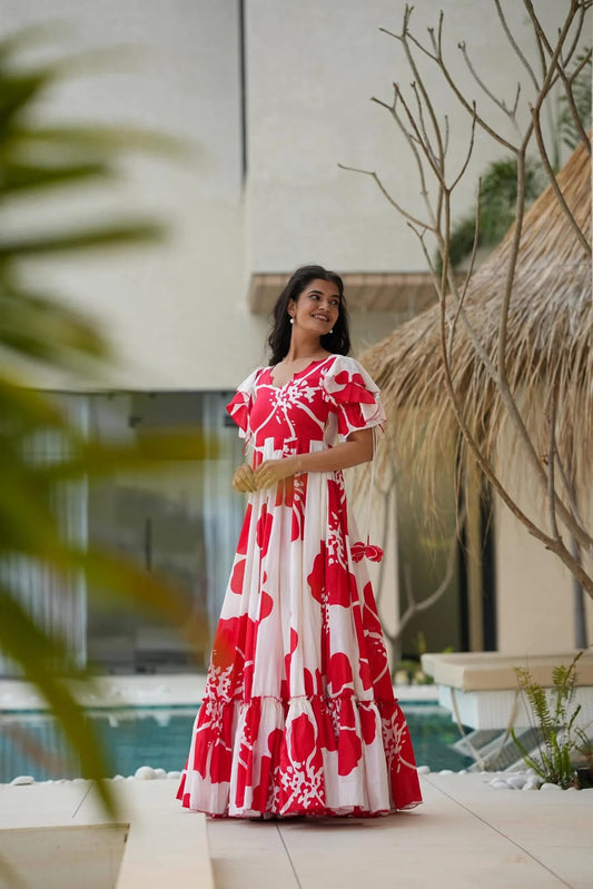 Red Printed Floral Dress For Women