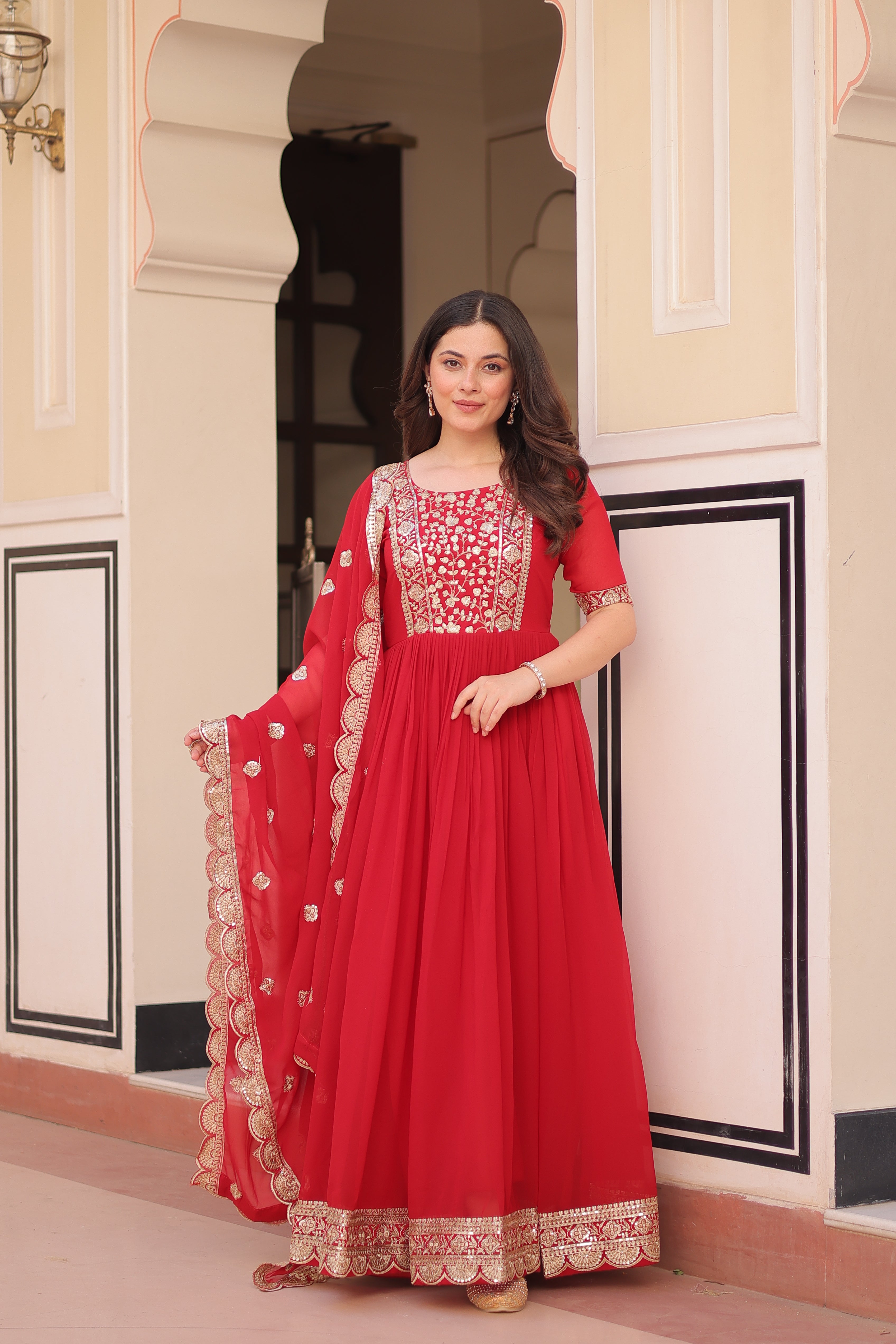 Embroidered Anarkali Gown with Dupatta for Women