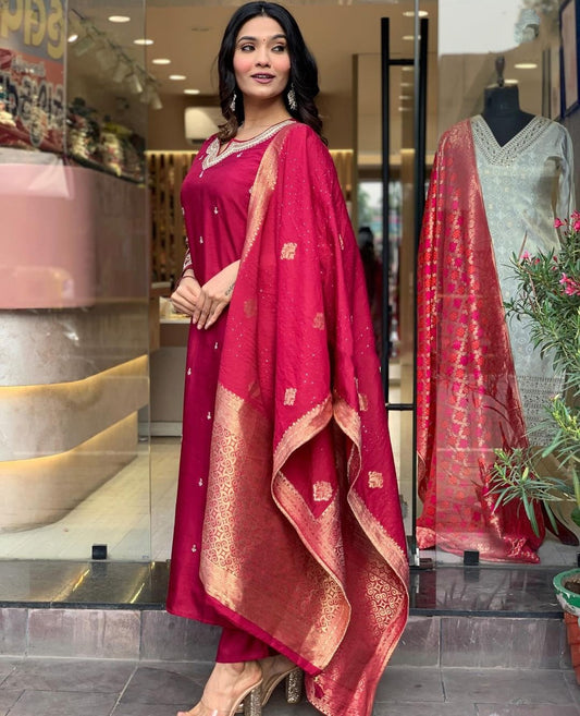 Elegant Royal Red Silk Suit with Banarasi Dupatta