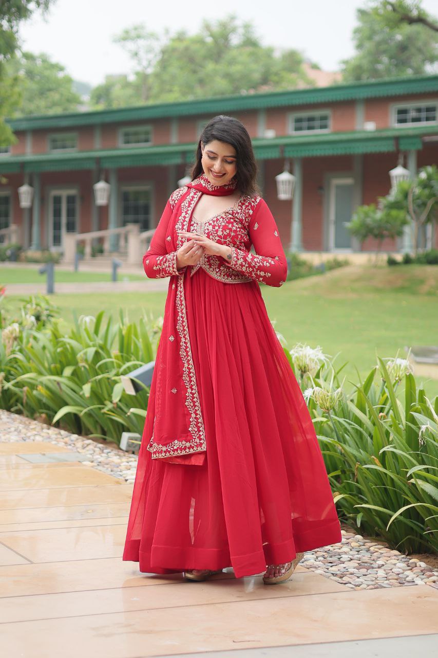 Red Embroidered Anarkali Kurta Set with Dupatta