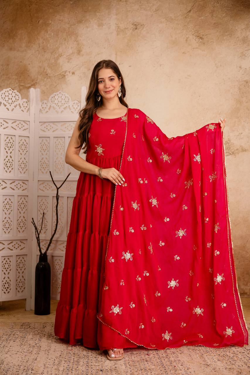 Red Anarkali Kurta Set for Women | Sleeveless Flared Kurta with Dupatta