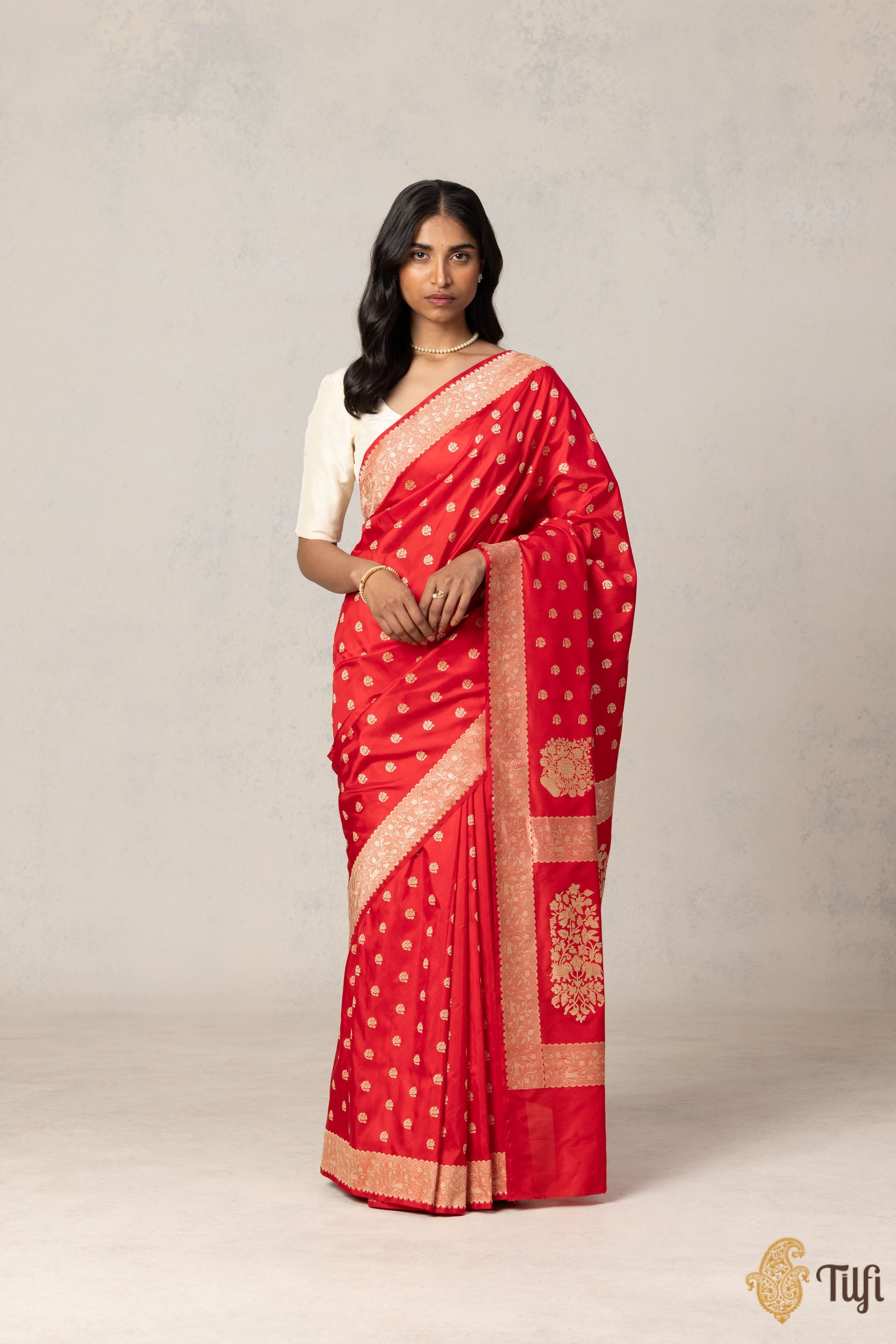 Red Banarasi Silk Saree with Gold Zari Motifs & Border