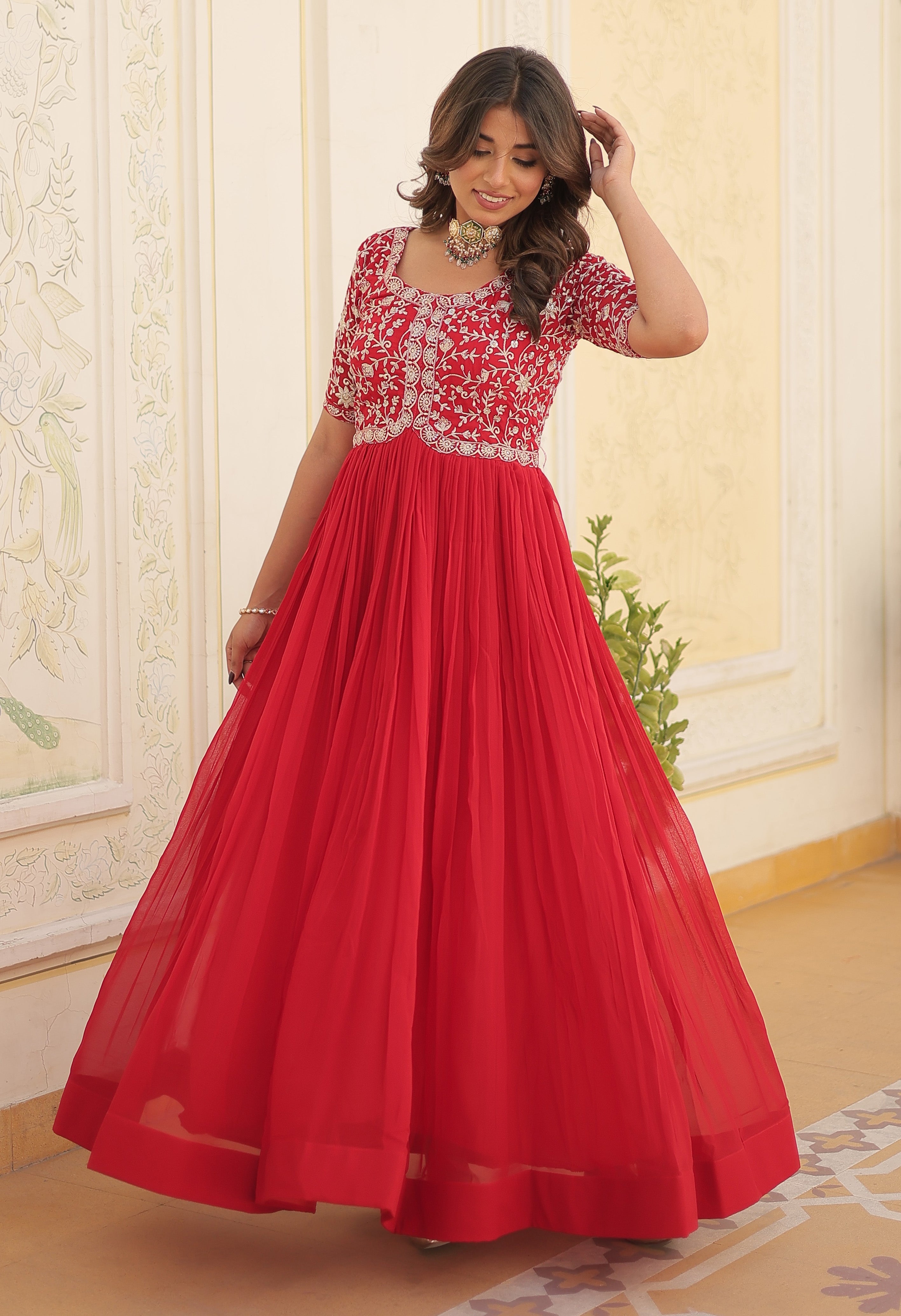 Red Designer Embroidered Anarkali Gown Traditional Wedding Party Outfit