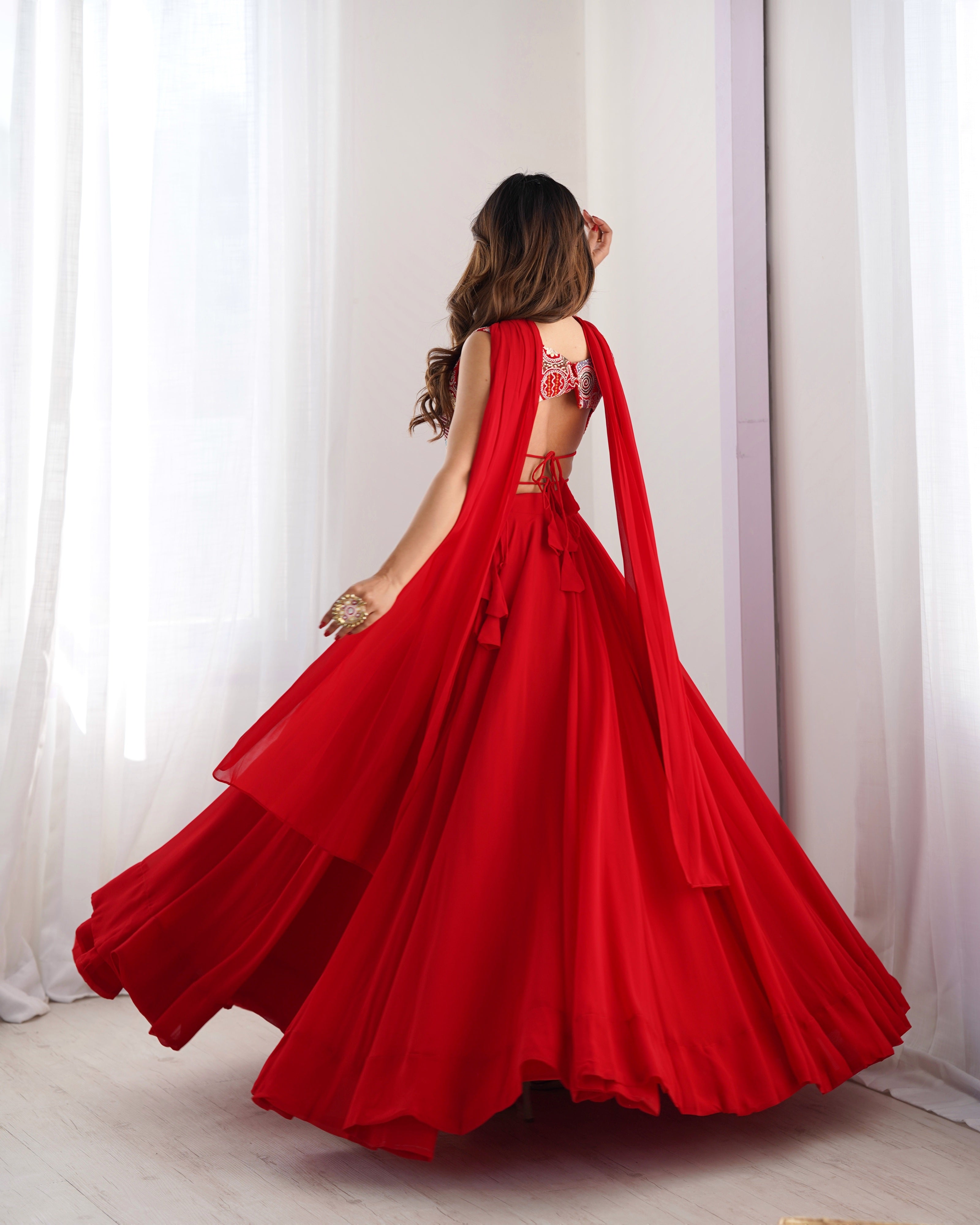 Red Designer Lehenga Choli with Embroidered Blouse and Flowy Skirt for Women