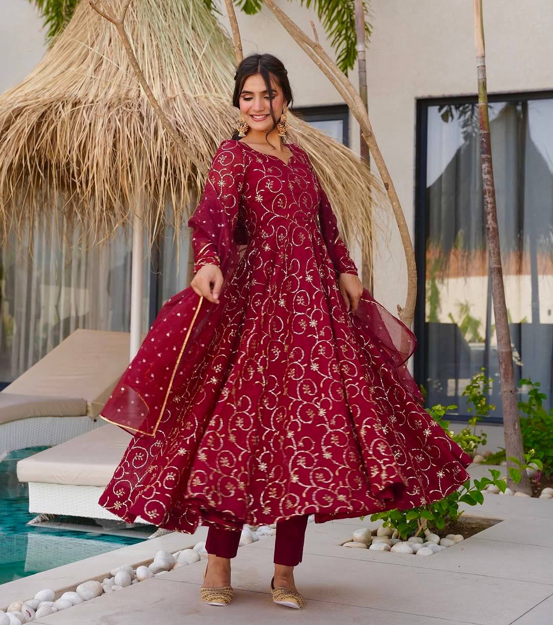 Red Embroidered Anarkali Set with Dupatta for Women