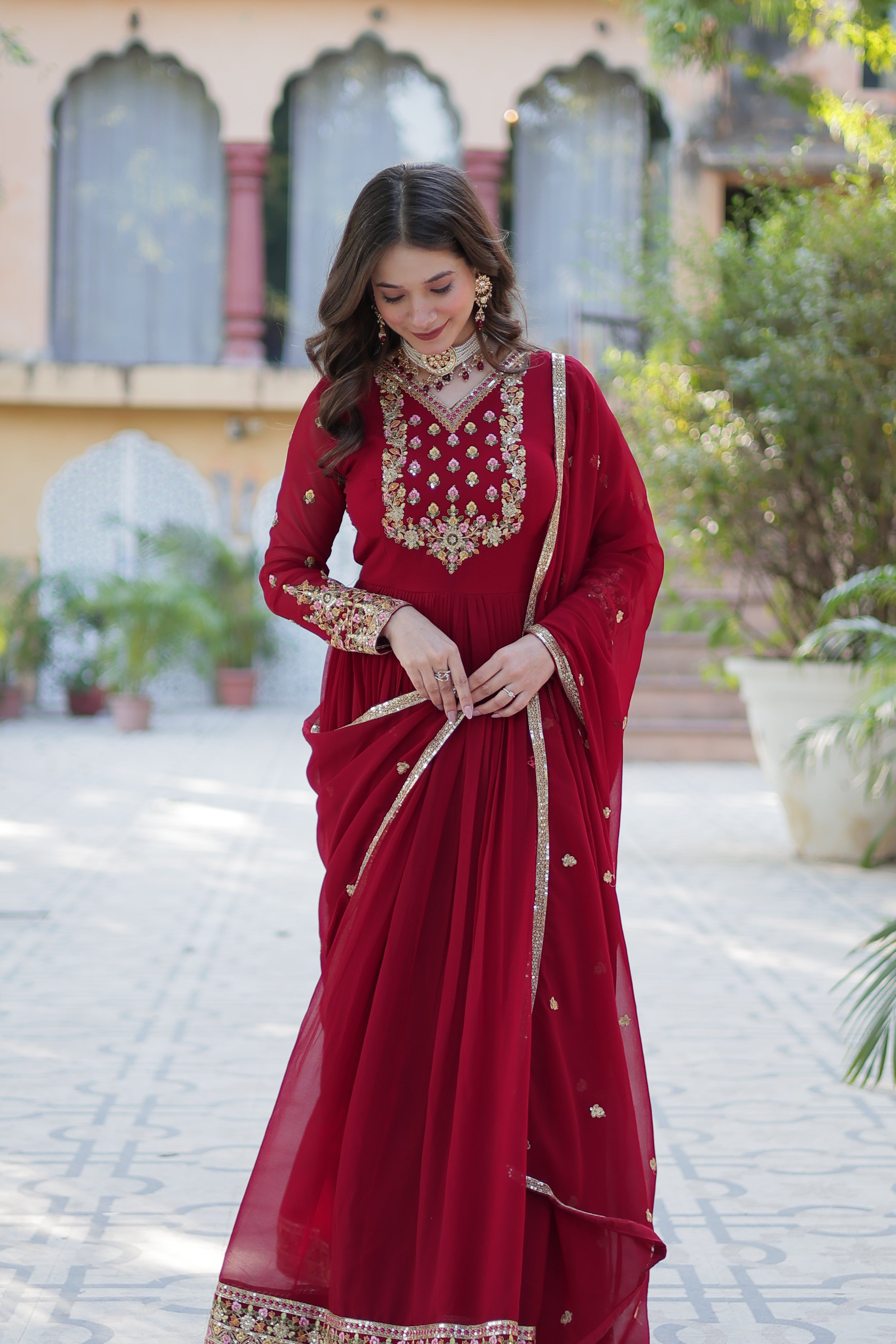 Red Embroidered Anarkali Suit with Dupatta for Women