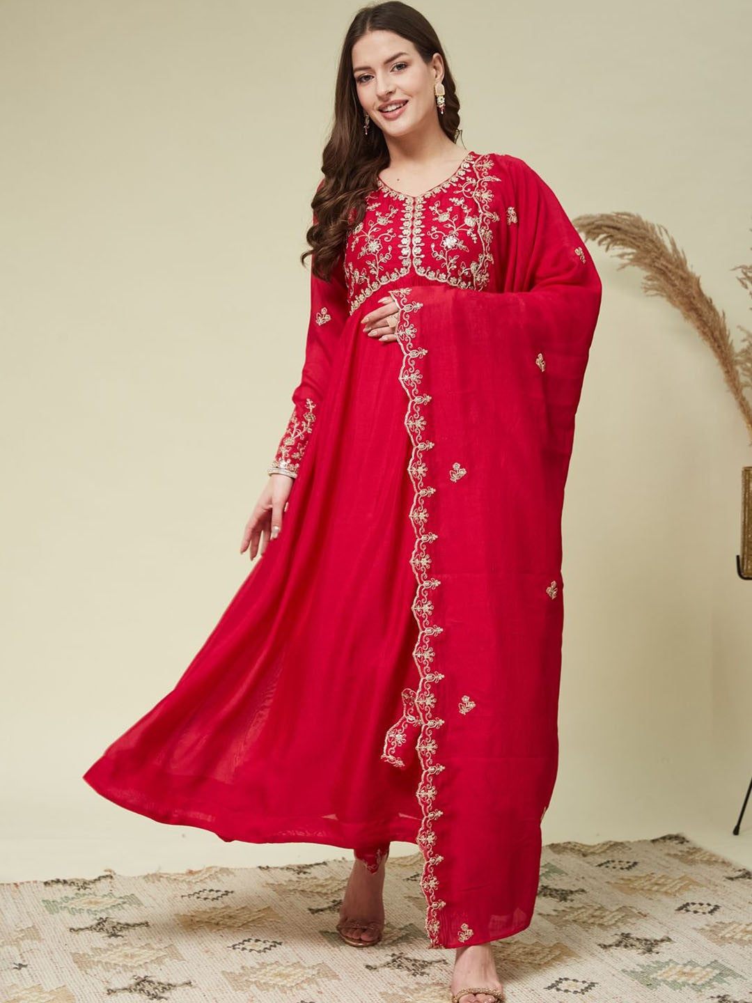 Red Embroidered Kurta Set for Women with Dupatta
