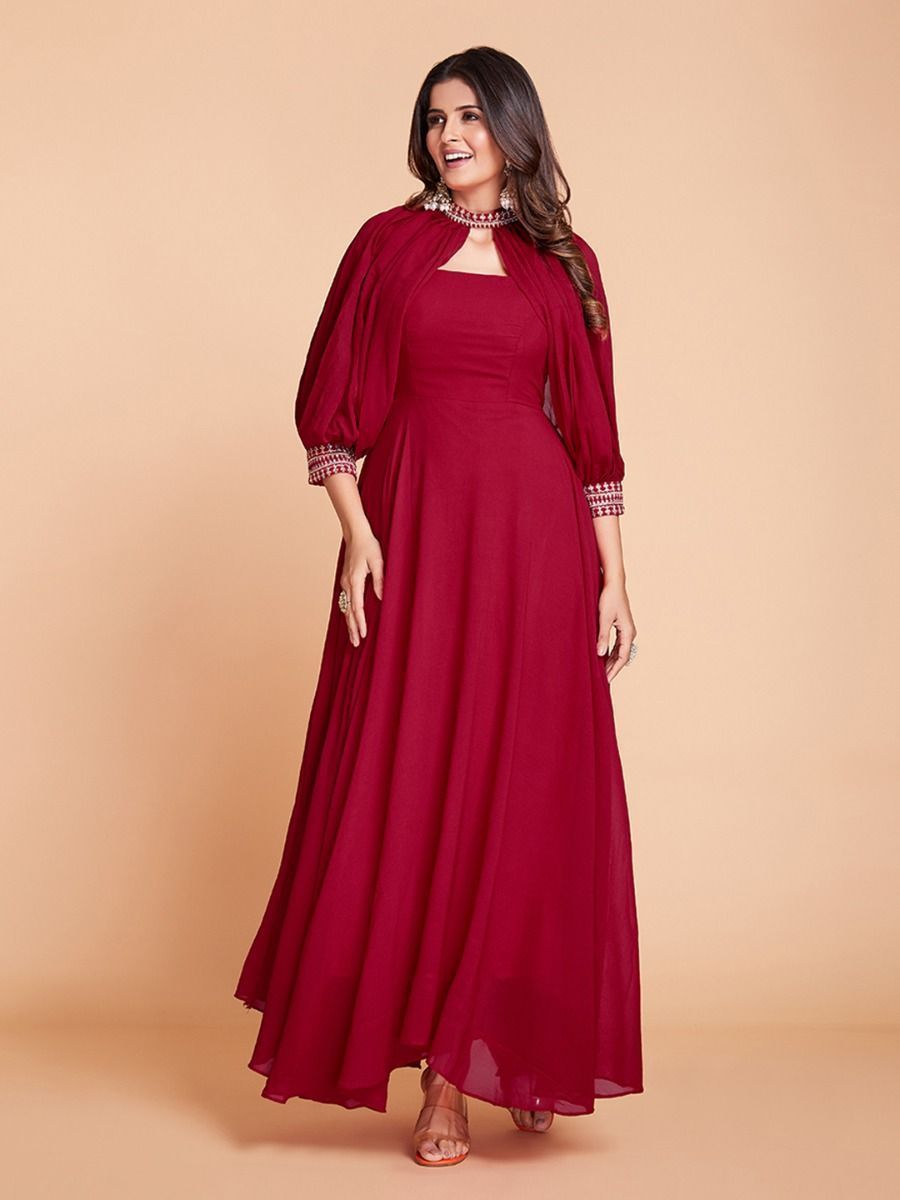 Red Flared Anarkali Dress for Women